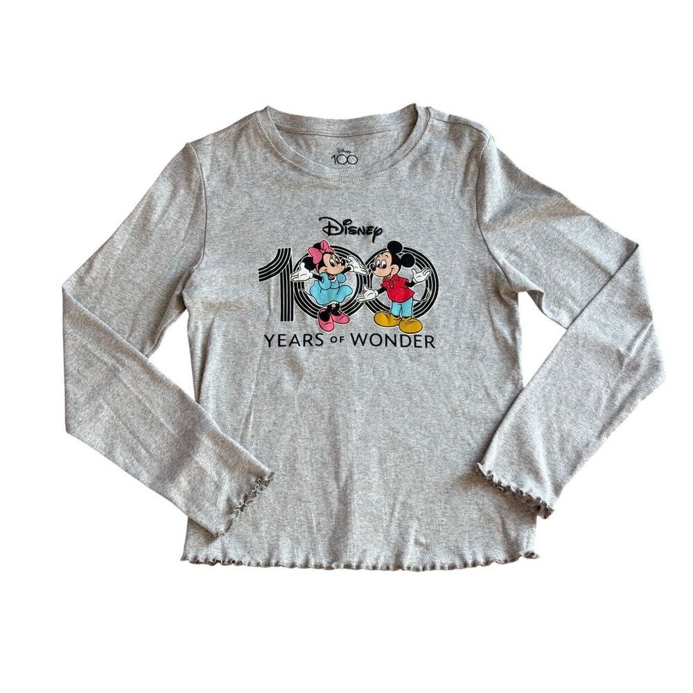 Mickey Minnie Mouse 100 Years of Wonder Disney Gray juniors LARGE Long Sleeve